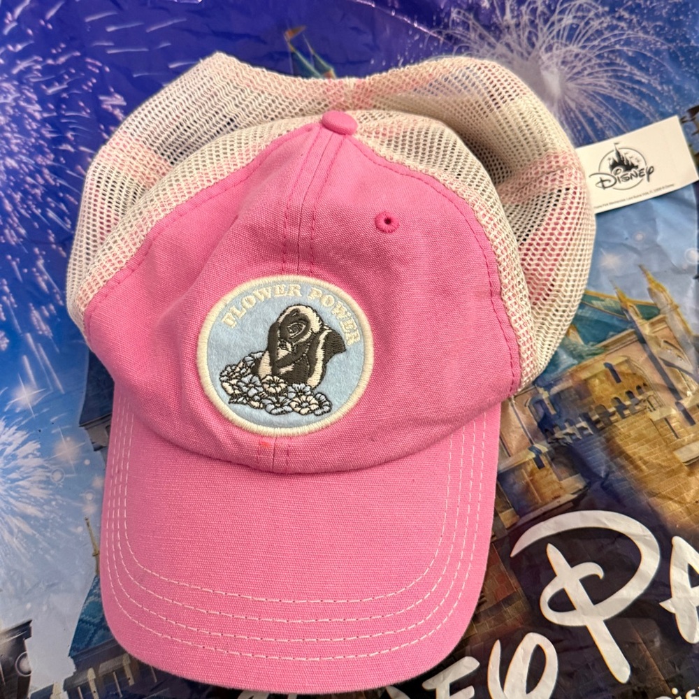 Disney Parks Bambi junk food ball cap retro Pink Cap with Flower Power Patch